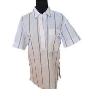 Lafayette 148 Womens Striped Textured Pocket Hi-low Shirt Blouse White Black XS
